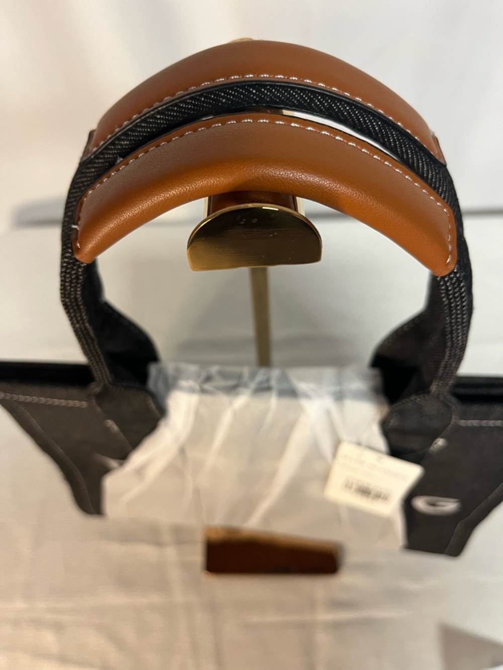 Denim Fashion Tote Bag with Contrast Brown Leather Top Handles - 13x10.5x5 - Picture 4 of 7